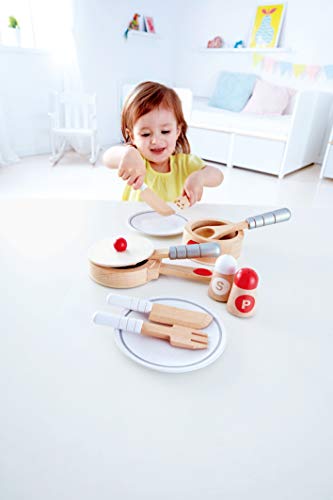 Hape International Juego Completo Cocinar y Servir, Juego de Cocina de Madera de 13 piezas con Accesorios