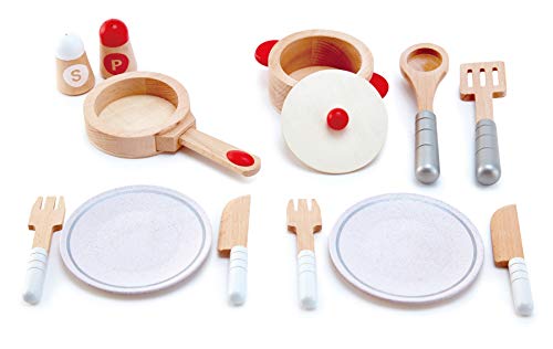 Hape International Juego Completo Cocinar y Servir, Juego de Cocina de Madera de 13 piezas con Accesorios