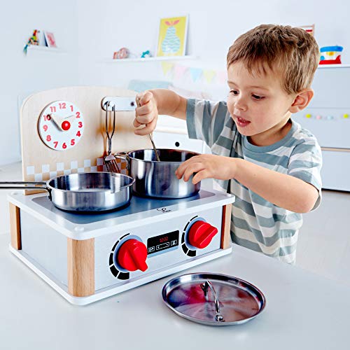 Hape International Juego de Cocina y Parrilla 2 en 1, Juego de Rol y Simulación Set de Juguetes para Cocinar Realista para Niños y Niñas