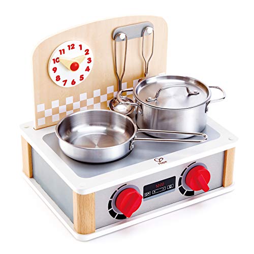 Hape International Juego de Cocina y Parrilla 2 en 1, Juego de Rol y Simulación Set de Juguetes para Cocinar Realista para Niños y Niñas