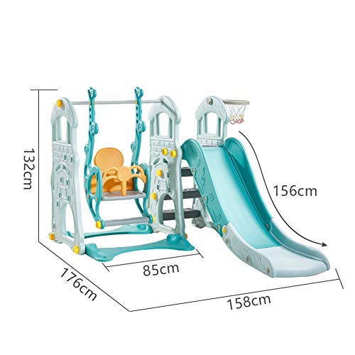 HAPPYMATY Torre de juego 3 en 1, columpio y canasta de baloncesto en un parque infantil, casa de juegos para interiores, tobogán para niños
