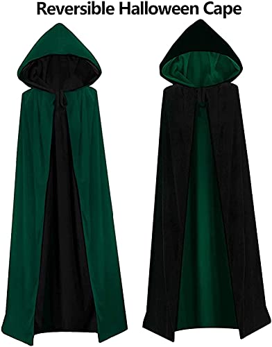 HBselect Capa con Capucha de Halloween, Larga Capa de Terciopelo para Adultos Niños, Disfraces de Halloween para Fiesta Cosplay Carnaval(Negro + Verde,110cm)