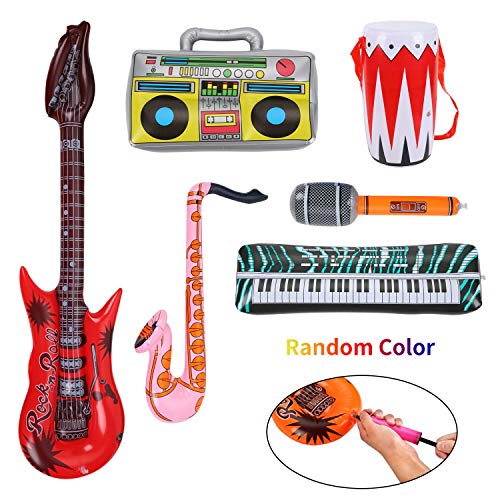 Herefun Inflables de Juguete, 16 Pcs Inflable Rock Guitarra Micrófono Saxofón Tambor Música Prop, Musicales Accesorios para Artículos de Fiesta Globos Color Al Azar (16 Pcs)