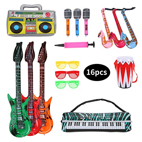 Herefun Inflables de Juguete, 16 Pcs Inflable Rock Guitarra Micrófono Saxofón Tambor Música Prop, Musicales Accesorios para Artículos de Fiesta Globos Color Al Azar (16 Pcs)