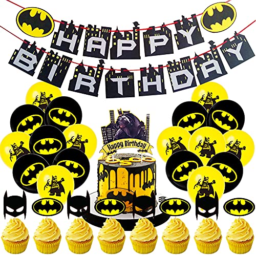 Hilloly 45PCS Conjunto de Banner de Globo, Batman Birthday Party Supplies Decoraciones, Cake Topper Decoracion Suministros de Globos de Fiesta para Fiesta de Cumpleaños de Kids