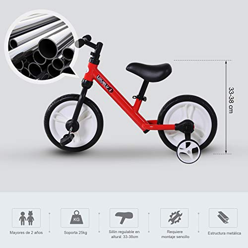 HOMCOM Bicicleta de Equilibrio con Pedales y Ruedas Entrenamiento Extraíbles de Asiento Regulable 33-38cm Niños +24 Meses Carga 25kg Rojo