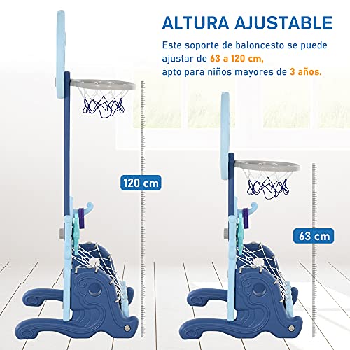 HOMCOM Canasta de Baloncesto con Soporte 4 en 1 Juego de Golf Balón de Fútbol con Altura Ajustable para Niños de +3 Años Centro de Actividades 58x56x154 cm Azul