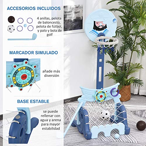 HOMCOM Canasta de Baloncesto con Soporte 4 en 1 Juego de Golf Balón de Fútbol con Altura Ajustable para Niños de +3 Años Centro de Actividades 58x56x154 cm Azul