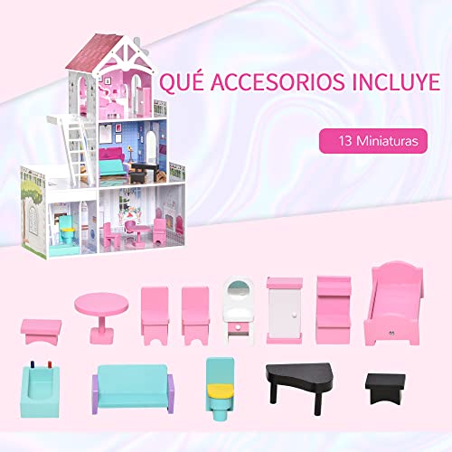 HOMCOM Casa de Muñecas de Madera de 3 Niveles para Muñecas de 10 cm con Muebles 13 Accesorios Incluidos Casita Muñecas de Juguete 60x29x85 cm Rosa