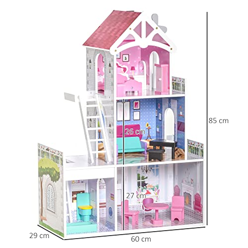 HOMCOM Casa de Muñecas de Madera de 3 Niveles para Muñecas de 10 cm con Muebles 13 Accesorios Incluidos Casita Muñecas de Juguete 60x29x85 cm Rosa