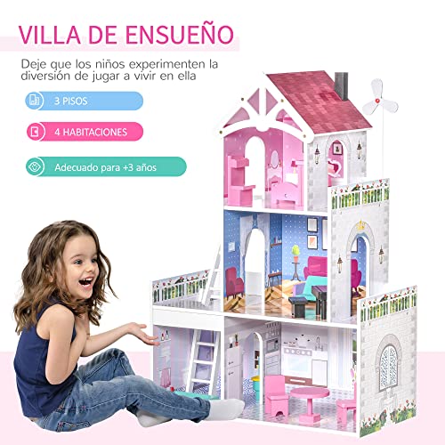 HOMCOM Casa de Muñecas de Madera de 3 Niveles para Muñecas de 10 cm con Muebles 13 Accesorios Incluidos Casita Muñecas de Juguete 60x29x85 cm Rosa