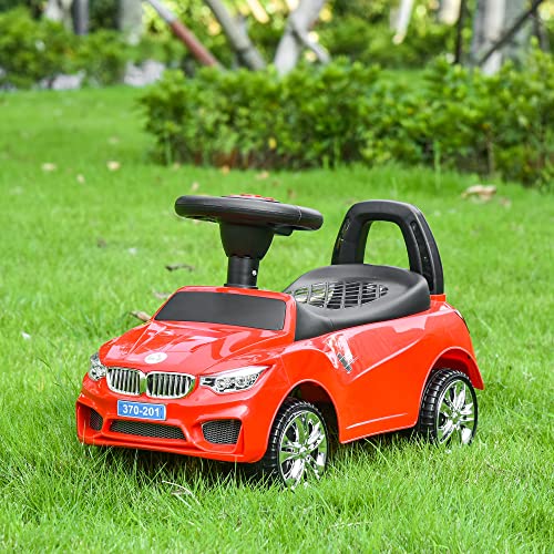 HOMCOM Coche Correpasillos para Niños de 18-36 Meses con Faros Música Bocina Volante Espacio de Almacenaje y Asa para Empujar 63,5x28x36 cm Rojo