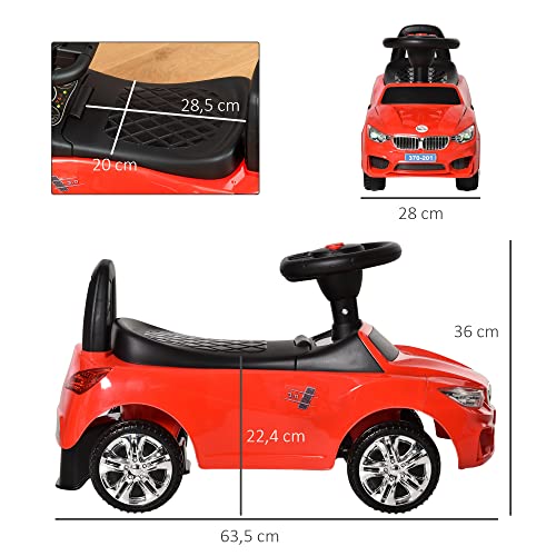 HOMCOM Coche Correpasillos para Niños de 18-36 Meses con Faros Música Bocina Volante Espacio de Almacenaje y Asa para Empujar 63,5x28x36 cm Rojo