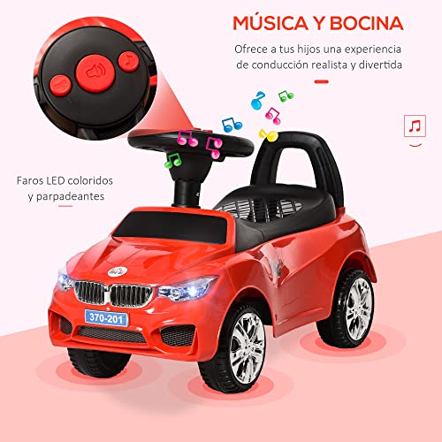 HOMCOM Coche Correpasillos para Niños de 18-36 Meses con Faros Música Bocina Volante Espacio de Almacenaje y Asa para Empujar 63,5x28x36 cm Rojo