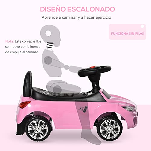 HOMCOM Coche Correpasillos para Niños de 18-36 Meses con Faros Música Bocina Volante Espacio de Almacenaje y Asa para Empujar 63,5x28x36 cm Rosa