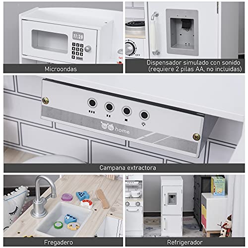 HOMCOM Cocina de Juguete de Madera para Niños de +3 Años Cocinita Infantil con Nevera Microondas Fregadero Campana y 14 Accesorios 86x64x84,5 cm Blanco