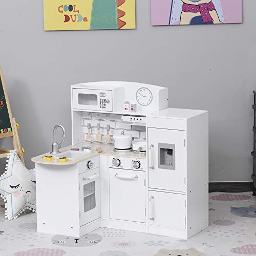 HOMCOM Cocina de Juguete de Madera para Niños de +3 Años Cocinita Infantil con Nevera Microondas Fregadero Campana y 14 Accesorios 86x64x84,5 cm Blanco