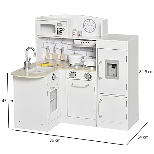 HOMCOM Cocina de Juguete de Madera para Niños de +3 Años Cocinita Infantil con Nevera Microondas Fregadero Campana y 14 Accesorios 86x64x84,5 cm Blanco