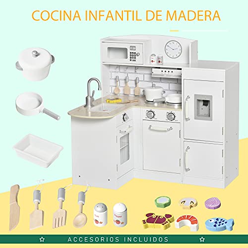 HOMCOM Cocina de Juguete de Madera para Niños de +3 Años Cocinita Infantil con Nevera Microondas Fregadero Campana y 14 Accesorios 86x64x84,5 cm Blanco