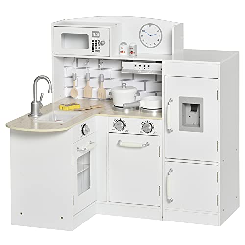 HOMCOM Cocina de Juguete de Madera para Niños de +3 Años Cocinita Infantil con Nevera Microondas Fregadero Campana y 14 Accesorios 86x64x84,5 cm Blanco