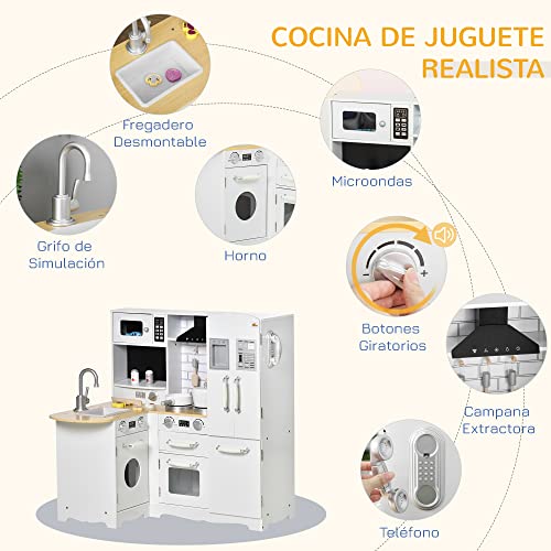 HOMCOM Cocina de Juguete de Madera para Niños de +3 Años con Sonidos 14 Accesorios Cocinita Infantil con Teléfono Fregadero Extraíble Microondas y Grifo 82x65x87 cm Blanco