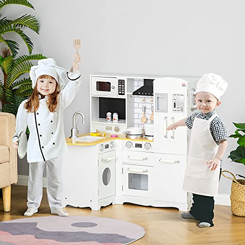 HOMCOM Cocina de Juguete de Madera para Niños de +3 Años con Sonidos 14 Accesorios Cocinita Infantil con Teléfono Fregadero Extraíble Microondas y Grifo 82x65x87 cm Blanco