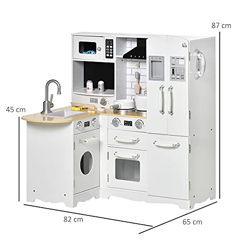 HOMCOM Cocina de Juguete de Madera para Niños de +3 Años con Sonidos 14 Accesorios Cocinita Infantil con Teléfono Fregadero Extraíble Microondas y Grifo 82x65x87 cm Blanco