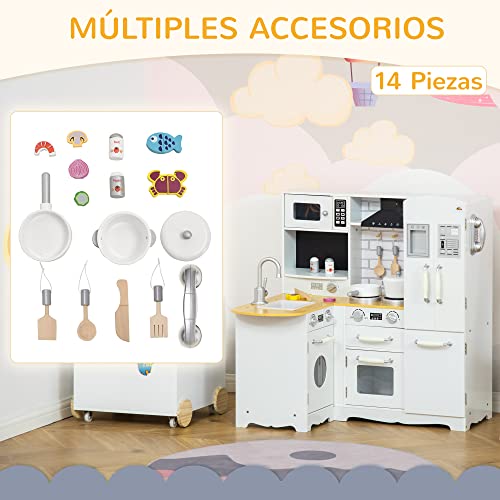 HOMCOM Cocina de Juguete de Madera para Niños de +3 Años con Sonidos 14 Accesorios Cocinita Infantil con Teléfono Fregadero Extraíble Microondas y Grifo 82x65x87 cm Blanco