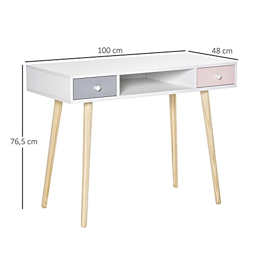 HOMCOM Mesa de Escritorio Infantil Mesa Consola con 1 Compartimento Abierto y 2 Cajones Estilo Nórdico para Estudio Entrada Dormitorio 100x48x76,5 cm Multicolor