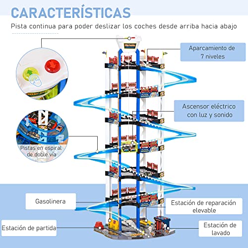 HOMCOM Parking Infantil de 7 Plantas Garaje de Juguete Incluye Ascensor Eléctrico con Luz y Sonido Doble Pista y 4 Coches de Carreras para +3 Años 64x59x113 cm Azul y Blanco