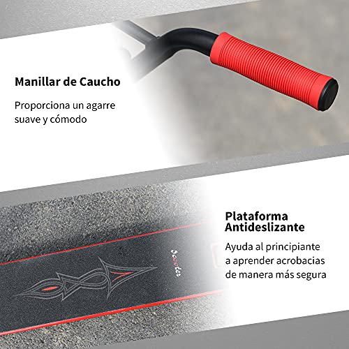 HOMCOM Patinete de Acrobacia Trucos y Saltos Patinete Freestyle de Aluminio para Adolescentes +14 Años y Adultos Carga 100 kg con Manillares de Caucho 68x46x84 cm Rojo