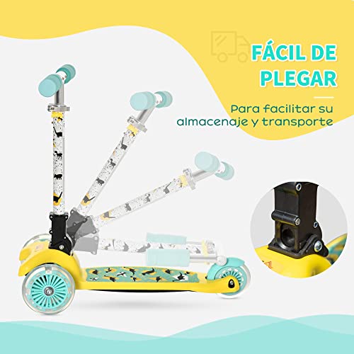 HOMCOM Patinete para Niños de +3 Años Plegable Patinete 3 Ruedas con Luces LED Manillar Altura Ajustable y Freno Posterior Carga Máxima 50 kg 54,7x32,5x59-69 cm Amarillo