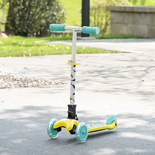 HOMCOM Patinete para Niños de +3 Años Plegable Patinete 3 Ruedas con Luces LED Manillar Altura Ajustable y Freno Posterior Carga Máxima 50 kg 54,7x32,5x59-69 cm Amarillo