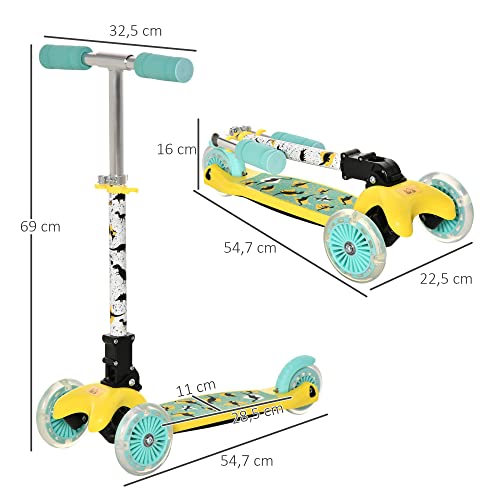 HOMCOM Patinete para Niños de +3 Años Plegable Patinete 3 Ruedas con Luces LED Manillar Altura Ajustable y Freno Posterior Carga Máxima 50 kg 54,7x32,5x59-69 cm Amarillo