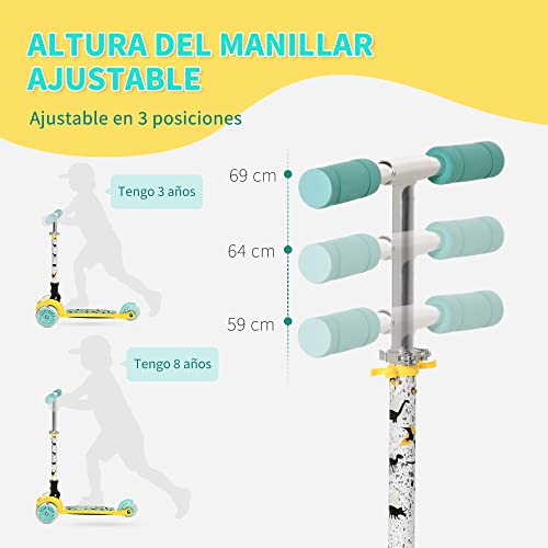 HOMCOM Patinete para Niños de +3 Años Plegable Patinete 3 Ruedas con Luces LED Manillar Altura Ajustable y Freno Posterior Carga Máxima 50 kg 54,7x32,5x59-69 cm Amarillo