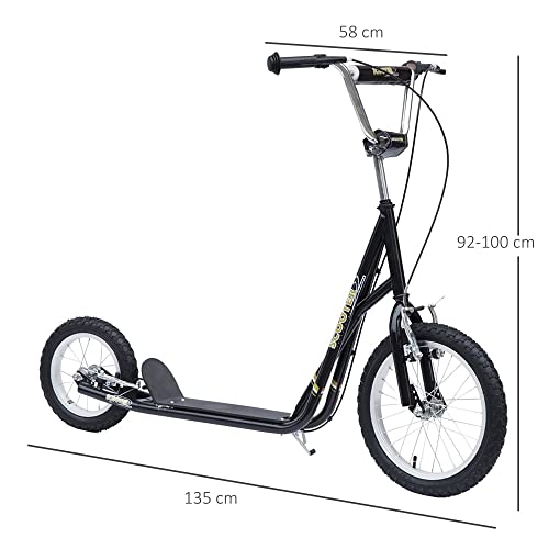 HOMCOM Patinete para Niños Mayores de 5 Años Scooter de 2 Ruedas Grandes con Doble Freno y Manillar Ajustable en Altura para Adolescentes Adultos 135x58x92-100 cm Negro