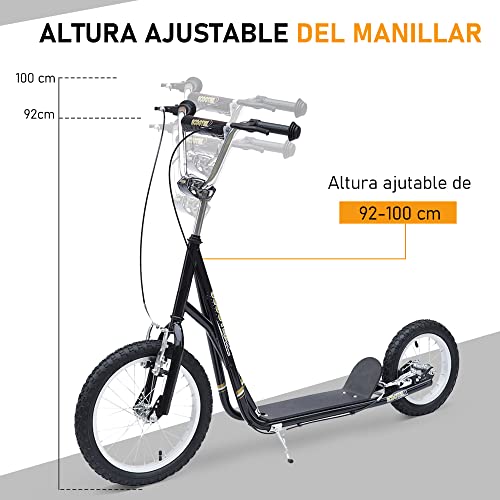 HOMCOM Patinete para Niños Mayores de 5 Años Scooter de 2 Ruedas Grandes con Doble Freno y Manillar Ajustable en Altura para Adolescentes Adultos 135x58x92-100 cm Negro