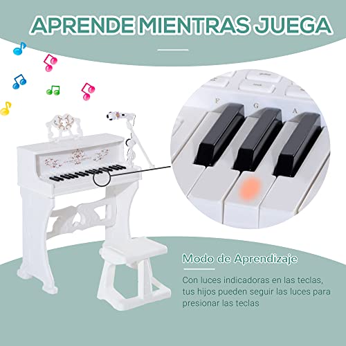 HOMCOM Piano Electrónico Infantil de 37 Teclas Juego de Piano con Micrófono Taburete Luces y 22 Canciones USB/MP3/Bluetooth Karaoke 53,5x27x63 cm Blanco