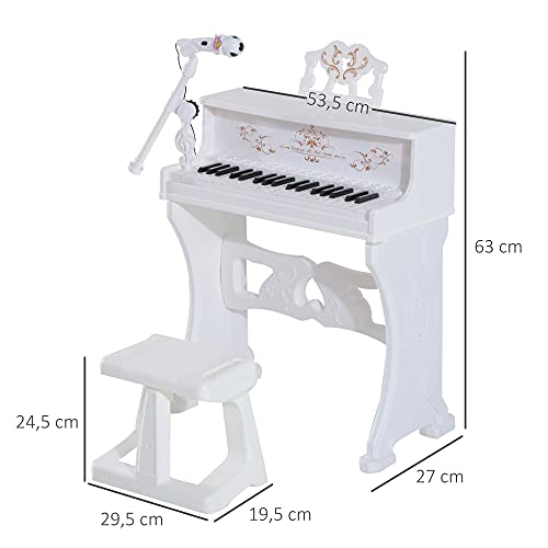 HOMCOM Piano Electrónico Infantil de 37 Teclas Juego de Piano con Micrófono Taburete Luces y 22 Canciones USB/MP3/Bluetooth Karaoke 53,5x27x63 cm Blanco