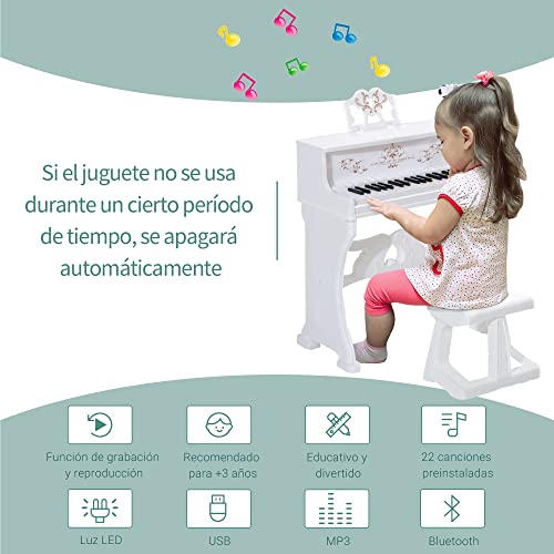 HOMCOM Piano Electrónico Infantil de 37 Teclas Juego de Piano con Micrófono Taburete Luces y 22 Canciones USB/MP3/Bluetooth Karaoke 53,5x27x63 cm Blanco