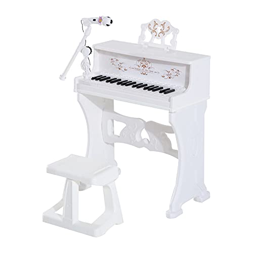 HOMCOM Piano Electrónico Infantil de 37 Teclas Juego de Piano con Micrófono Taburete Luces y 22 Canciones USB/MP3/Bluetooth Karaoke 53,5x27x63 cm Blanco