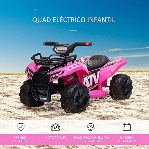 HOMCOM Quad Eléctrico para Niños de 18-36 Meses Vehículo Eléctrico a Batería 6V Infantil con Faros LED Velocidad de 2 km/h y Avance 66x44x42 cm Rosa