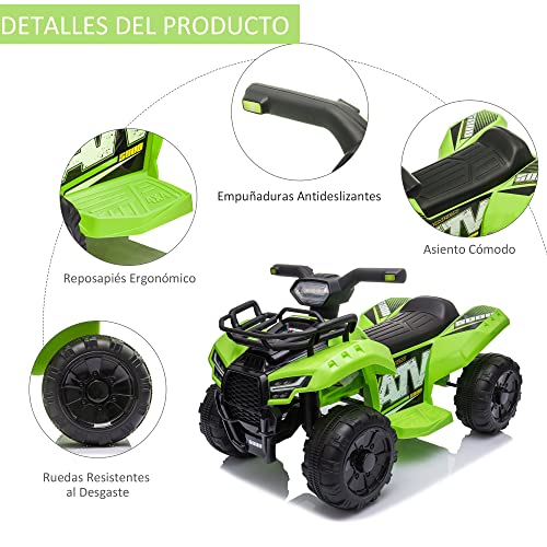 HOMCOM Quad Eléctrico para Niños de 18-36 Meses Vehículo Eléctrico a Batería 6V Infantil con Faros LED Velocidad de 2 km/h y Avance 66x44x42 cm Verde