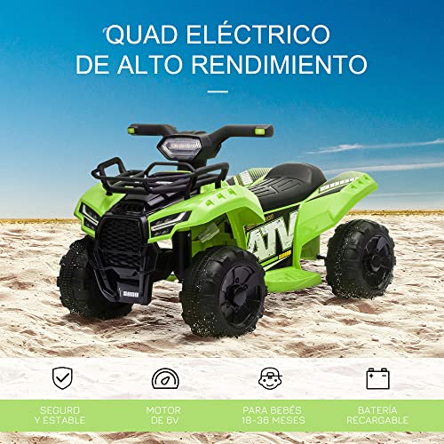 HOMCOM Quad Eléctrico para Niños de 18-36 Meses Vehículo Eléctrico a Batería 6V Infantil con Faros LED Velocidad de 2 km/h y Avance 66x44x42 cm Verde