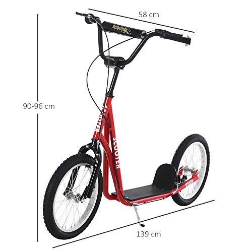 HOMCOM Scooter Patinete para Niños Mayores de 5 Años con Manillar Ajustable en Altura 2 Neumáticos de Caucho Inflable con Doble Freno Carga 100 kg 139x58x90-96 cm Rojo