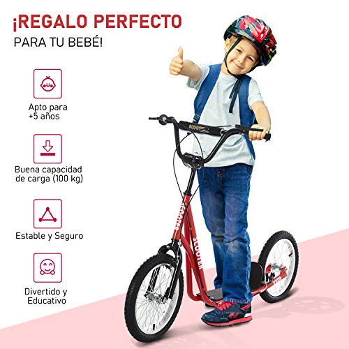 HOMCOM Scooter Patinete para Niños Mayores de 5 Años con Manillar Ajustable en Altura 2 Neumáticos de Caucho Inflable con Doble Freno Carga 100 kg 139x58x90-96 cm Rojo