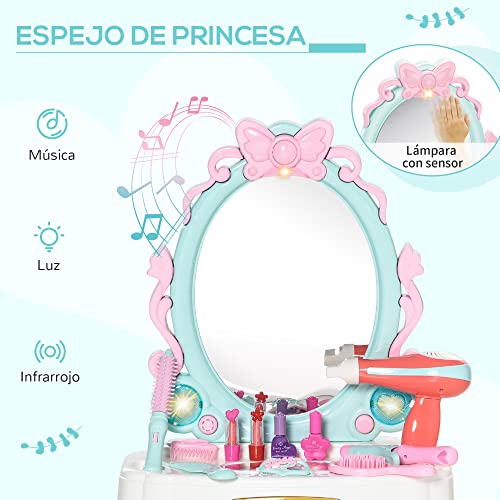 HOMCOM Tocador de Juguete para Niñas de +3 Años con Taburete y Espejo con Luz Música Incluye 20 Piezas Centro de Belleza Infantil 41x27x82 cm Rosa y Blanco