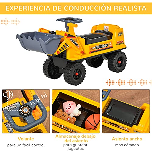 HOMCOM Tractor sin Pedales para Niños de 2-3 Años con Pala Excavadora Espacio de Almacenaje Oculto y Bocina 70x26x37 cm Amarillo