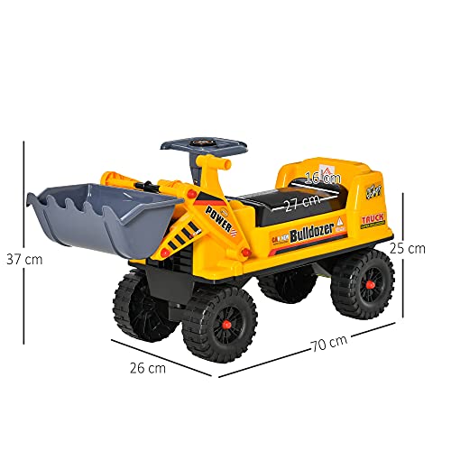 HOMCOM Tractor sin Pedales para Niños de 2-3 Años con Pala Excavadora Espacio de Almacenaje Oculto y Bocina 70x26x37 cm Amarillo