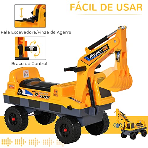 HOMCOM Tractor sin Pedales para Niños de 2-3 Años Excavadora Correpasillos con Pala Delantera Luces Música y Espacio de Alamcenaje Oculto 90x28x58 cm Amarillo